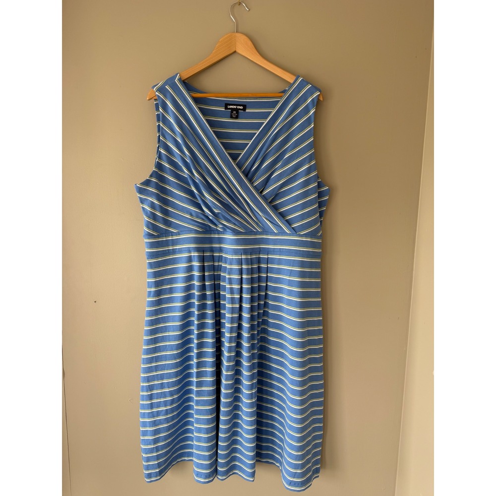 Lands' End 2X Blue Striped Faux Wrap Dress Plus Size Pima Cotton Knee Length
